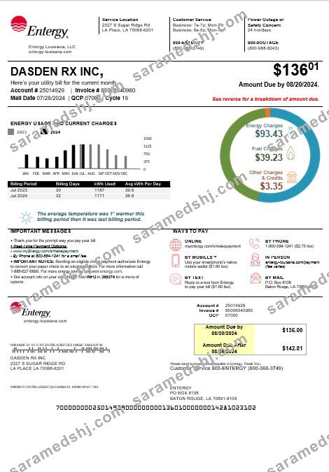 USA Louisiana Entergy business utility bill template in Word and PDF formats, version 2
